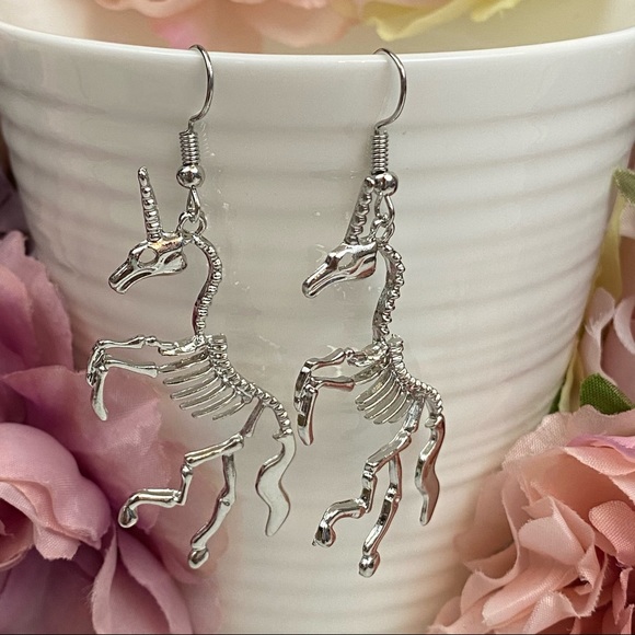 Gothic Silver Unicorn Skeleton Dangle Earrings - Picture 11 of 16